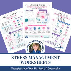 Könnte beinhalten: Drei pädagogische Arbeitsblätter mit den Titeln Understanding Stress Management, What Is Driving My Stress und My Stress Management Plan. Die Dokumente enthalten farbige Symbole, Diagramme und Texte zu Stresszyklen und Bewältigungsstrategien.