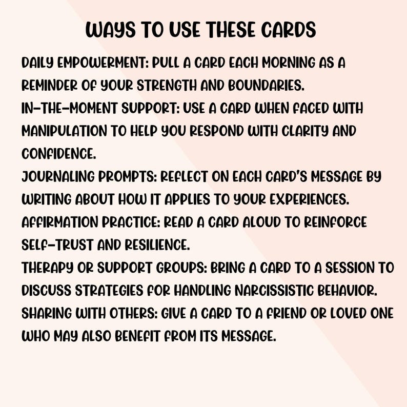 Use these cards to offer you practical strategies, to give you a frame-work for journal writing, as empowerment reminders, or to share at your support group.