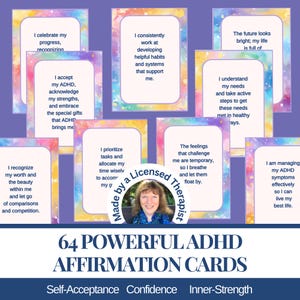 Puede incluir: Un juego de 64 tarjetas de afirmación para el TDAH con fondos de acuarela coloridos y textos inspiradores. Las tarjetas están diseñadas para promover la autoaceptación, la confianza y la fuerza interior. La imagen incluye el texto "Made by a Licensed Therapist."