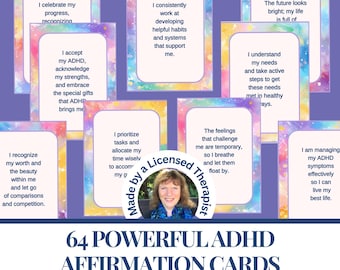 64 ADHD Affirmation Cards. Attention Deficit flashcards. Neurodiversity deck.  Printable digital download. Adult, teen or therapy resource,