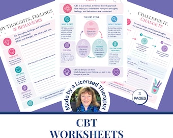 CBT Worksheets | Cognitive Behavioral Therapy Tools | CBT Triangle | Stop Overthinking | Counseling resources |  Printable Digital Download