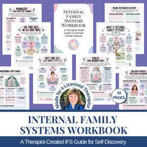 May include: An Internal Family Systems workbook featuring 34 pages of therapeutic exercises. The cover displays the title, a floral graphic, and a circular badge stating Made by a Licensed Therapist with a portrait of a woman in a blue scarf.