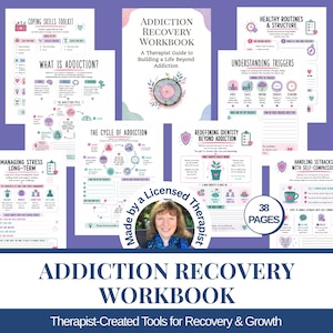 May include: An addiction recovery workbook featuring 38 pages of therapist-created tools. The cover and interior pages include sections titled Coping Skills Toolkit, What Is Addiction, The Cycle of Addiction, Understanding Triggers, and Redefining Identity.