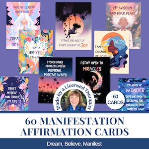 May include: A set of 60 manifestation affirmation cards featuring colorful illustrations and text including I use my clarity and focus to create, I say a big yes to life, I make the most of every moment of joy, and I stay open to miracles.