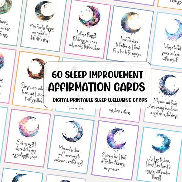 60 Sleep Affirmation Cards. Insomnia improvement help deck. Rest problems. Affirm a calm positive relaxing bedtime routine. Downloadable PDF