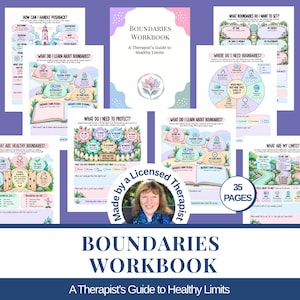 May include: A 35-page Boundaries Workbook featuring a therapist's guide to healthy limits. The workbook includes various worksheets with colorful illustrations, floral motifs, and text prompts designed to help identify and set personal boundaries.