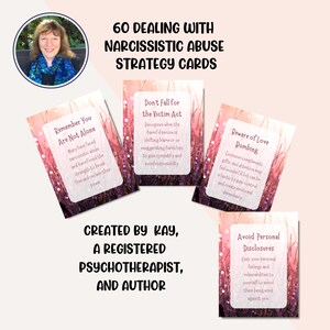 Hi, this is Kay
As a psychotherapist I love creating inspiring, colorful self-help and mental health resources.

Developed by Kay—an experienced therapist specializing in narcissistic abuse recovery and a survivor herself—this deck delivers concise, actionable strategies that help you recognize manipulative tactics, understand destructive behavior patterns, and respond with confidence and emotional balance.