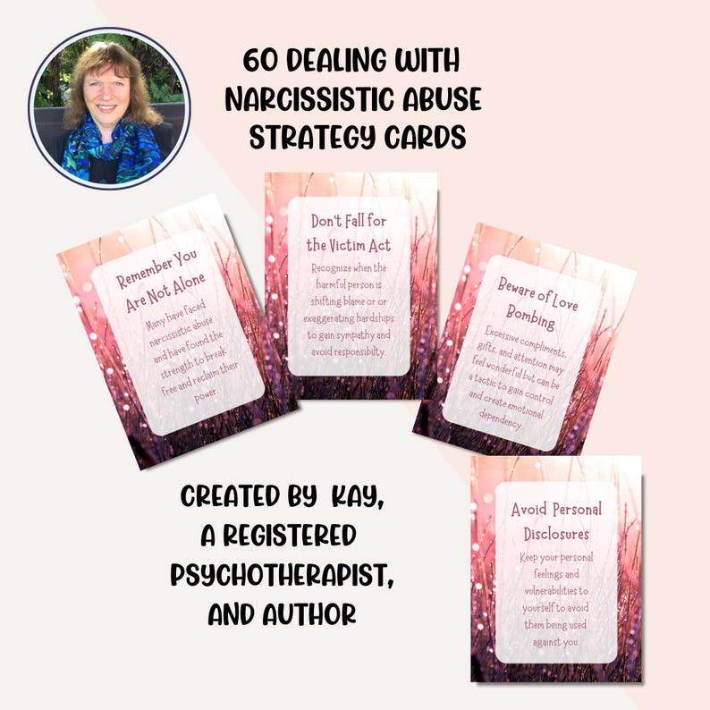 Hi, this is Kay
As a psychotherapist I love creating inspiring, colorful self-help and mental health resources.

Developed by Kay—an experienced therapist specializing in narcissistic abuse recovery and a survivor herself—this deck delivers concise, actionable strategies that help you recognize manipulative tactics, understand destructive behavior patterns, and respond with confidence and emotional balance.