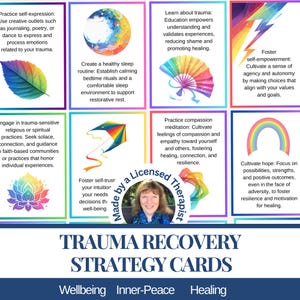 64 tarjetas de estrategia para la recuperación del trauma. Tarjetas de recuperación para TEPT, TEPT complejo, sanación de experiencias adversas en la infancia (ACE, por sus siglas en inglés). Baraja de tarjetas imprimibles para afrontar situaciones difíciles. Herramientas para la recuperación del abuso.