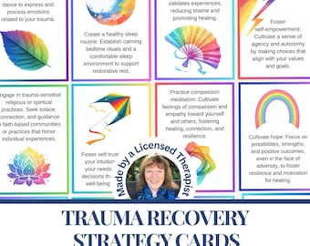 64 Trauma Recovery Strategy cards. Recovery flashcards for PTSD CPTSD Childhood ACE healing Printable coping card deck. Abuse recovery tools