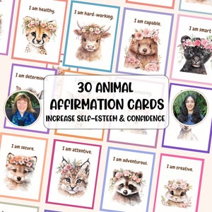 48 Tarjetas de Afirmaciones de Animales para Niños. Baraja de cartas positivas para la autoestima, la motivación y la confianza. Regalo para niña. Descarga digital.