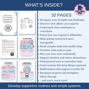 These counseling resources can be used independently or alongside therapy or coaching. They also offer therapist resources for supporting adults who experience difficulties with planning, attention, organisation, and task completion.