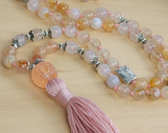 Beautiful Flower Agate Crystal Mala Necklace | Hand Made Jewelry Silver and Healing Stones Tassel Necklace