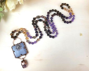 Goddess Energy Healing Crystal Prayer Beads Mala Amethyst Electroform Necklace Witch Necklace for Witches Divine Feminine Jewelry Aesthetic