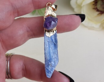 Gorgeous Blue Kyanite and Raw Amethyst Pendant 2