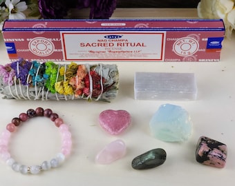 Divine Feminine Small Gift Set for Witches Sacred Ritual Crystal Confetti Smoke Cleansing Sage Smudge Bundle Crystal Jewelry Gifts Under 40