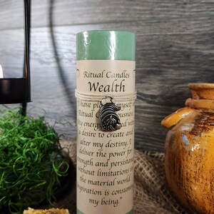 Ritual Candle Wealth 6&quot; Unscented Pillar Candle Hand Poured in USA by Ritual Candles Spell Candle Manifestation Candle Pagan Wiccan Altar