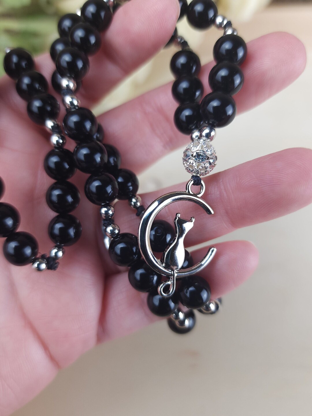 Black Cat Sterling Silver Black Onyx Beaded Necklace Black Cat Necklace ...