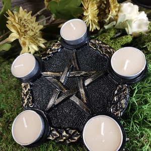 Pentagram Altar Tile Candle Holder | Witchcraft Supplies Witch Candle | Pagan Altar Spell Supplies Tealight | Figurine Statues and Sculpture