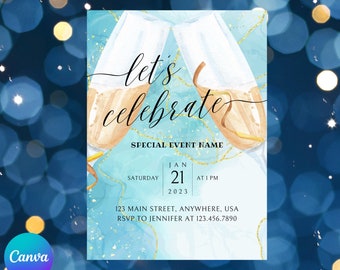 Modern Blue Classic Let&#39;s Celebrate Champagne Glass Editable Invitation Printable Instant Download