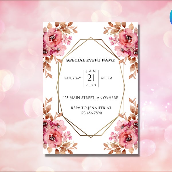 Modern Classic Special Event Gold Flowers Editable Invitation Printable Instant Download