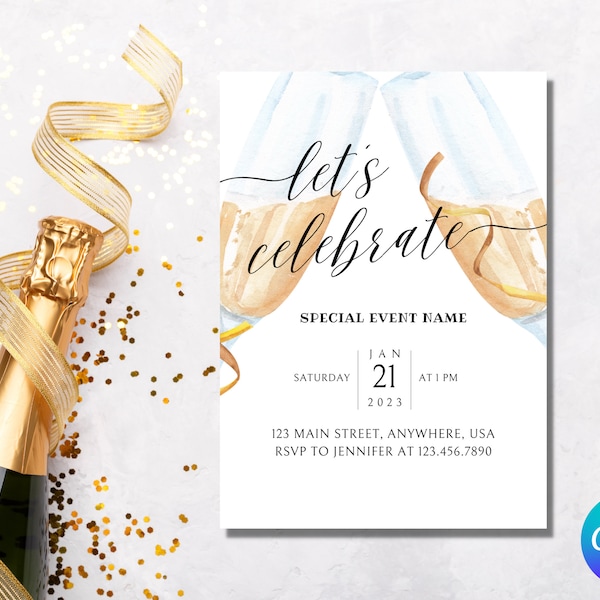 Modern White Classic Let's Celebrate Champagne Glass Editable Invitation Printable Instant Download