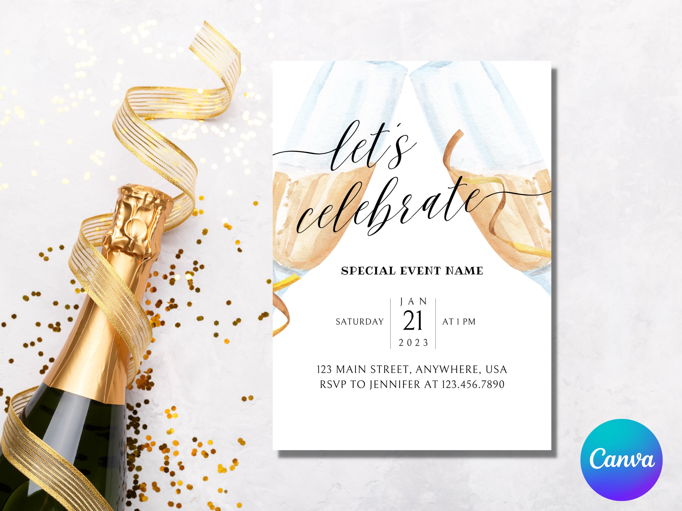 Modern White Classic Let's Celebrate Champagne Glass Editable Invitation Printable Instant Download