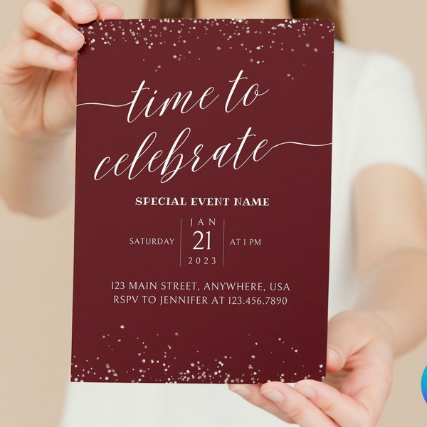 Modern Classic Time To Celebrate Maroon Editable Invitation Printable Instant Download