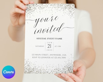 Modern Classic You&#39;re Invited Black & Gold Editable Invitation Printable Instant Download