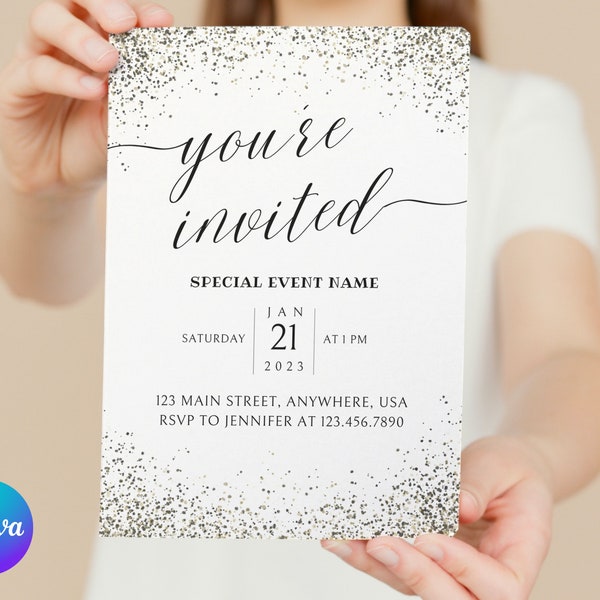 Modern Classic You're Invited Black & Gold Editable Invitation Printable Instant Download