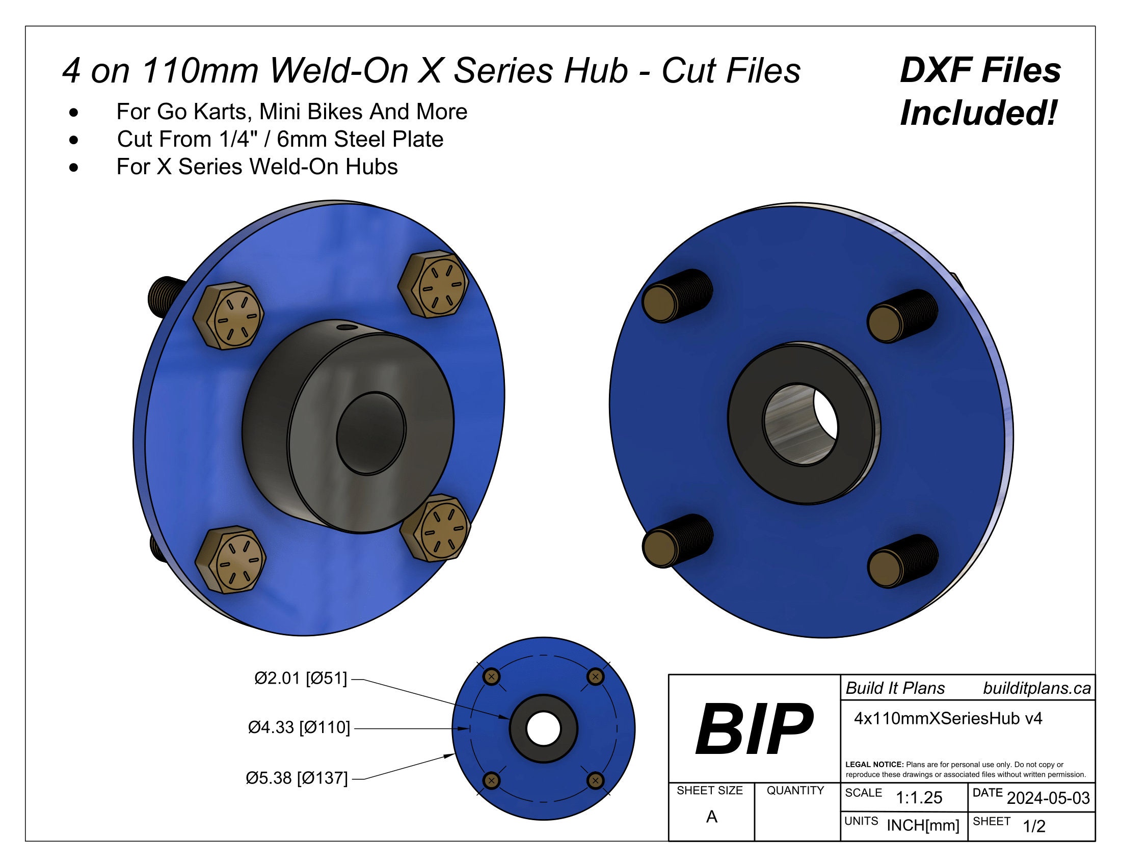 4x110mm Go Kart Hub DXF Cut Files for 4 Bolt 110mm PCD Wheel Hub
