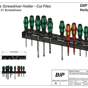May include: A black metal screwdriver holder with 21 slots for holding screwdrivers. The holder is 18.5 inches wide and 2.75 inches tall. The screwdrivers are green, red, and yellow. The image includes the text "DXF Files Included!" and "Build It Plans ScrewdriverHolderLarge builditplans.ca".
