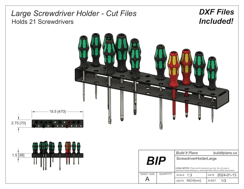 May include: A black metal screwdriver holder with 21 slots for holding screwdrivers. The holder is 18.5 inches wide and 2.75 inches tall. The screwdrivers are green, red, and yellow. The image includes the text "DXF Files Included!" and "Build It Plans ScrewdriverHolderLarge builditplans.ca".