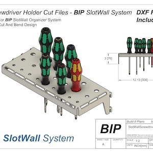May include: A 3D model of a screwdriver holder for the BIP SlotWall system. The holder is made of metal and has a cut-out design. The holder is designed to hold a variety of screwdrivers. The holder is 30.8 cm wide and 7.6 cm tall. The holder is labelled "SlotWall System" and "BIP".