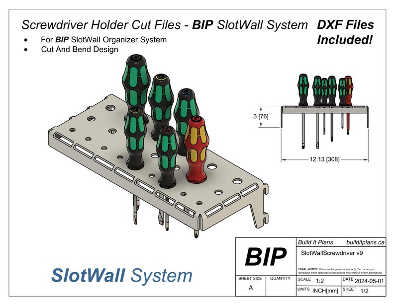 May include: A 3D model of a screwdriver holder for the BIP SlotWall system. The holder is made of metal and has a cut-out design. The holder is designed to hold a variety of screwdrivers. The holder is 30.8 cm wide and 7.6 cm tall. The holder is labelled "SlotWall System" and "BIP".