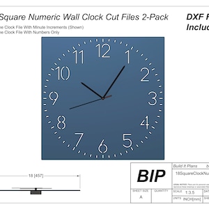 Peut inclure: Un modèle d'horloge murale carrée avec un cadran bleu et des chiffres blancs. L'horloge mesure 45.7 cm de large. La conception comprend des graduations des minutes et est disponible en fichiers DXF. Le texte "18" Square Numeric Wall Clock Cut Files 2-Pack" est visible.