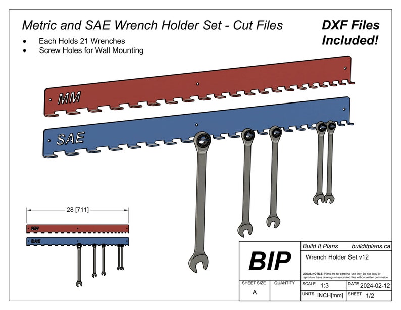 May include: A digital illustration of a wrench holder set for both metric and SAE wrenches. The set includes two metal bars, one red and one blue, with 21 slots each for holding wrenches. The bars are labeled "MM" and "SAE". The illustration also shows wrenches hanging from the bars.