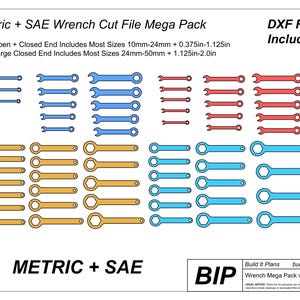 May include: A collection of wrenches in various colors, including blue, red, and gold, arranged on a white background. The image includes the text "Metric + SAE Wrench Cut File Mega Pack" and "DXF Files Included!"