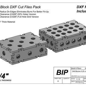 Puede incluir: Dos bloques rectangulares grises con múltiples agujeros circulares y recortes en los bordes, etiquetados como 246 Block DXF Cut Files Pack. Los bloques están diseñados para material de 0,635 cm de espesor e incluyen archivos DXF. La imagen también incluye especificaciones técnicas y el logotipo de Build It Plans.