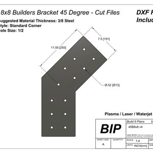 Puede incluir: Un soporte de metal negro con un ángulo de 45 grados y varios agujeros. El soporte está etiquetado como "Flat 8x8 Builders Bracket 45 Degree - Cut Files". El texto "DXF Files Included!" también es visible. El soporte mide 19,1 cm de ancho y 29,3 cm de largo. El soporte está etiquetado como "Build It Plans 4588x8 v4" y "builditplans.ca".