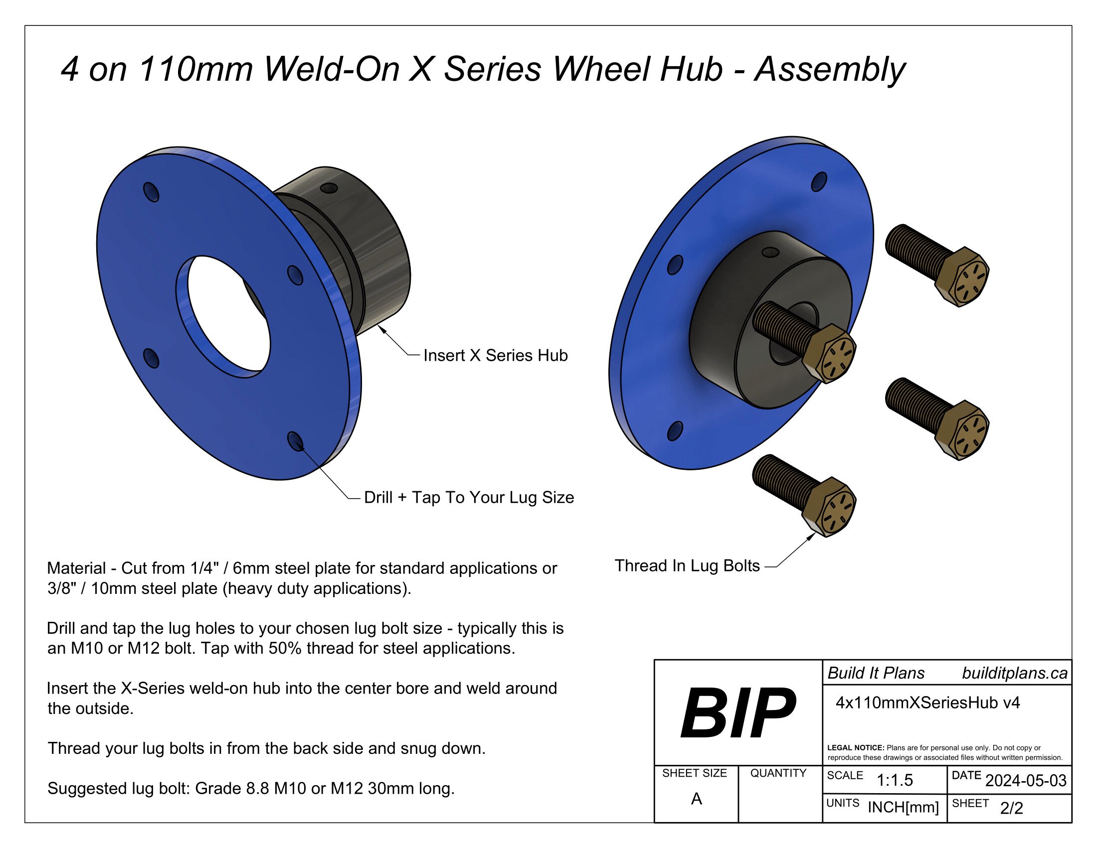 4x110mm Go Kart Hub DXF Cut Files for 4 Bolt 110mm PCD Wheel Hub