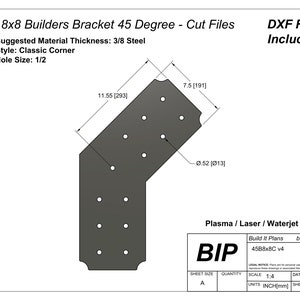 May include: A black metal bracket with a 45-degree angle and multiple holes. The bracket is labeled "45B8x8C v4" and is designed for use with 8x8 inch lumber. The bracket is 7.5 inches wide and 11.55 inches long. The bracket is designed for use with a 3/8 inch thick material and has a 1/2 inch hole size.