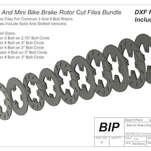 Peut inclure: Ensemble de fichiers de découpe de rotors de frein gris pour karts et mini-motos. L'image présente différentes tailles, telles que des rotors de 15.24 cm, 17.78 cm, 19.05 cm et 20.32 cm, avec des versions pleines et ajourées. Fichiers DXF inclus. Le texte "Kart And Mini Bike Brake Rotor Cut Files Bundle" est également présent.