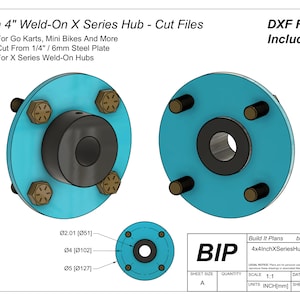 May include: A 3D rendering of a blue 4 on 4 inch Weld-On X Series Hub, designed for go-karts and mini bikes. The hub features a central black cylinder, gold bolts, and black studs. The image includes DXF files and dimensional details in inches and millimeters.