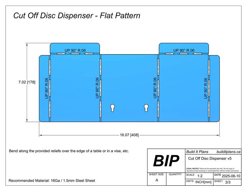 Pode incluir: Um diagrama de padr&atilde;o plano azul para um dispensador de discos de corte, com dimens&otilde;es em polegadas e mil&iacute;metros. O diagrama mede 408 mm de largura e 178 mm de altura, com o texto "Cut Off Disc Dispenser - Flat Pattern" no topo. Inclui instru&ccedil;&otilde;es.
