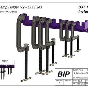 May include: A purple metal C-clamp holder that can hold 10 C-clamps. The holder is designed to be mounted on a wall. The text "C-Clamp Holder V2 - Cut Files" is at the top of the image. The text "DXF Files Included!" is at the top right of the image. The text "Build It Plans builditplans.ca" is at the bottom right of the image. The text "C-ClampHolder V2" is below the text "Build It Plans builditplans.ca". The text "LEGAL NOTICE: Plans are for personal use only. Do not copy or reproduce these drawings or associated files without permission." is below the text "C-ClampHolder V2". The text "SCALE 1:2.5" is below the text "LEGAL NOTICE: Plans are for personal use only. Do not copy or reproduce these drawings or associated files without permission.". The text "UNITS INCH [mm]" is below the text "SCALE 1:2.5". The text "DATE 2024-03-23" is below the text "UNITS INCH [mm]". The text "SHEET 1/3" is below the text "DATE 2024-03-23". The text "SHEET SIZE QUANTITY" is below the text "BIP". The text "A" is below the text "SHEET SIZE QUANTITY".