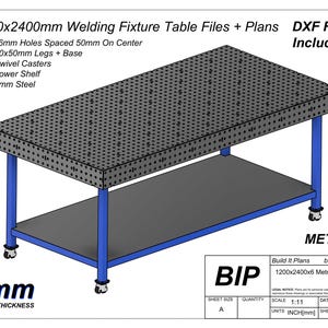 Könnte beinhalten: Eine 1200x2400mm Schweißvorrichtungstisch mit perforierter Oberseite, blauen Beinen und einem unteren Regal. Der Tisch hat 16mm Löcher im Abstand von 50mm, Schwenkrollen und besteht aus 6mm Stahl. DXF-Dateien enthalten.
