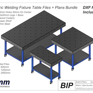 May include: A set of metric welding fixture tables with black perforated tops, blue frames, and lower shelves. The tables are on swivel castors. The image includes text stating "DXF Files Included!" and "6mm Steel Thickness".