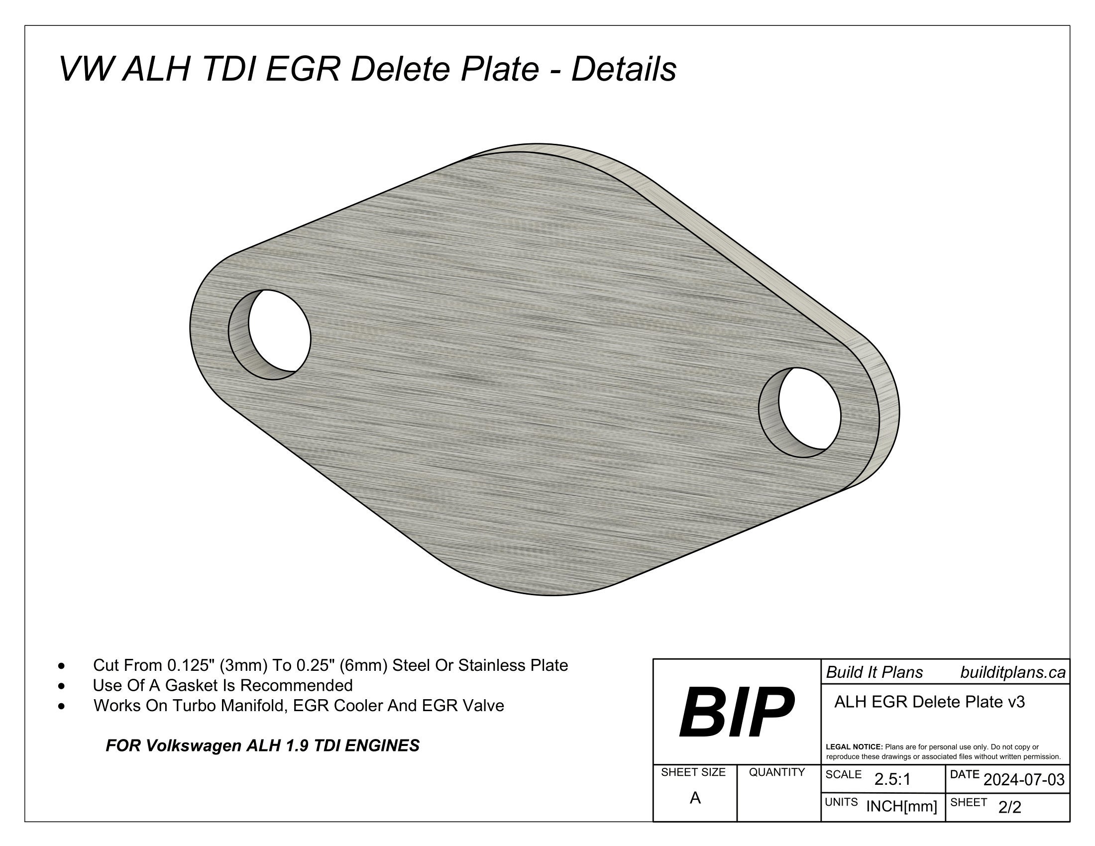 ALH TDI EGR Delete Block off Plate Cut File Plasma Cut File for Volkswagen MK4 Diesel Exhaust