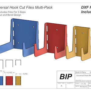 May include: A digital download of three different sized universal hook cut files. The hooks are shown in blue, red, and yellow. The file includes DXF files for use with a CNC machine. The text "Universal Hook Multi Pack v4" is included in the image.